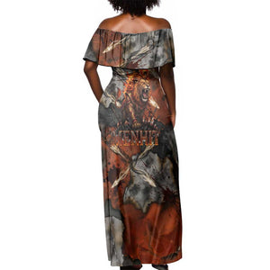 Menhit Egyptian Off Shoulder Maxi Dress Warrior Goddess Fiery Lion Eye Arrows and Blood Battle
