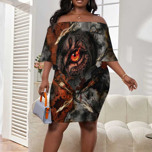 Menhit Egyptian Off Shoulder Short Dress Warrior Goddess Fiery Lion Eye Arrows and Blood Battle