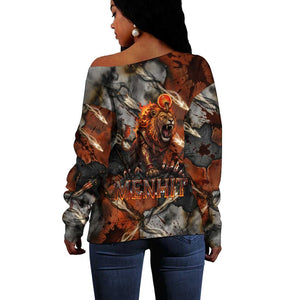 Menhit Egyptian Off Shoulder Sweater Warrior Goddess Fiery Lion Eye Arrows and Blood Battle