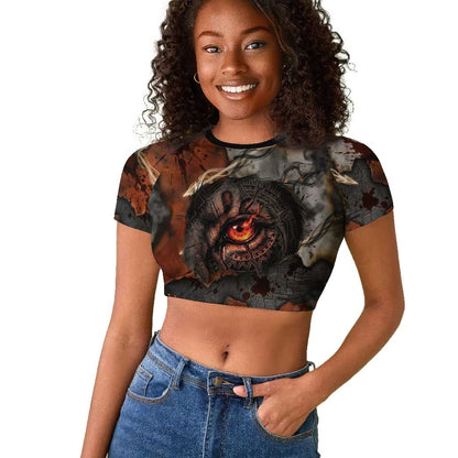 Menhit Egyptian Raglan Cropped T shirt Warrior Goddess Fiery Lion Eye Arrows and Blood Battle
