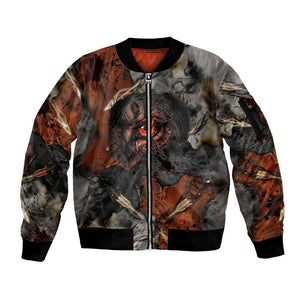 Menhit Egyptian Sleeve Zip Bomber Jacket Warrior Goddess Fiery Lion Eye Arrows and Blood Battle