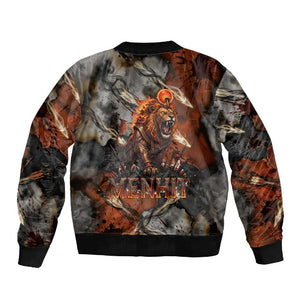 Menhit Egyptian Sleeve Zip Bomber Jacket Warrior Goddess Fiery Lion Eye Arrows and Blood Battle