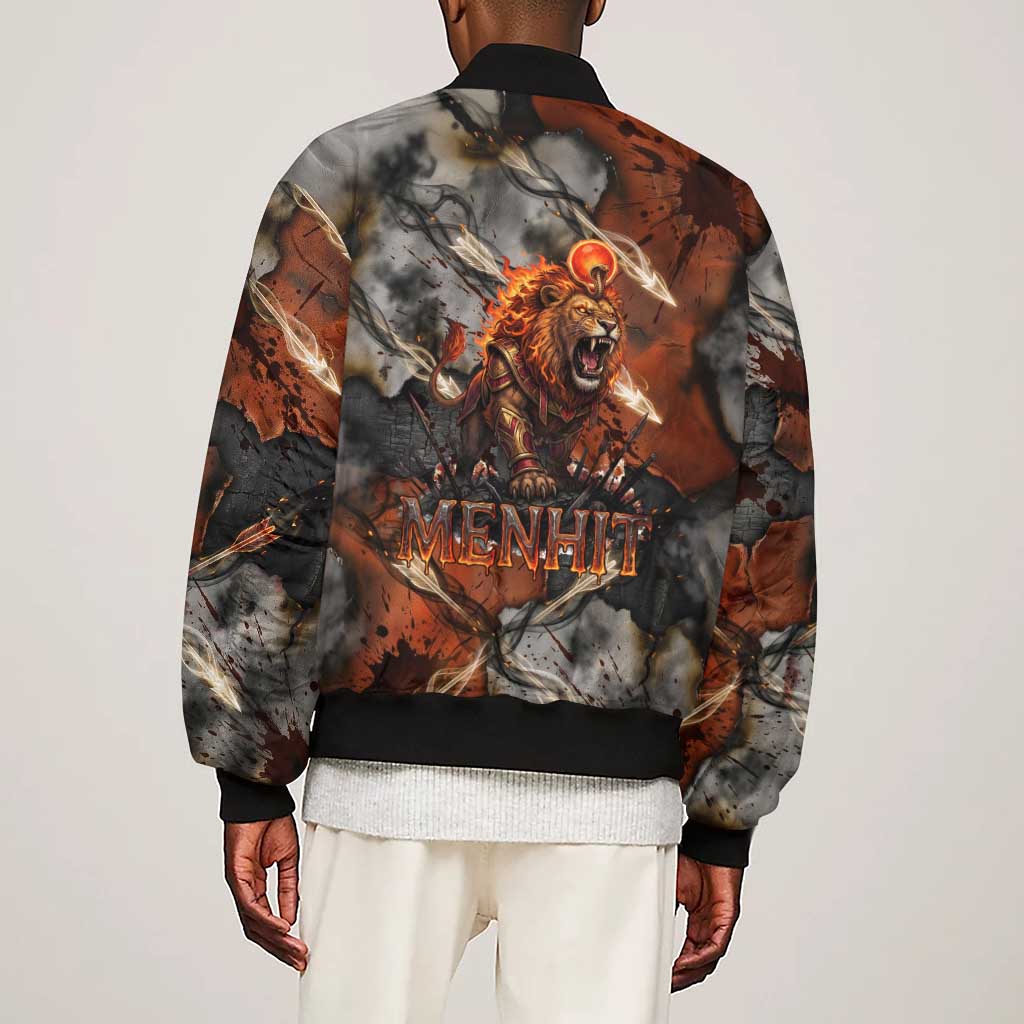 Menhit Egyptian Sleeve Zip Bomber Jacket Warrior Goddess Fiery Lion Eye Arrows and Blood Battle