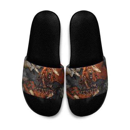 Menhit Egyptian Slide Sandals Warrior Goddess Fiery Lion Eye Arrows and Blood Battle