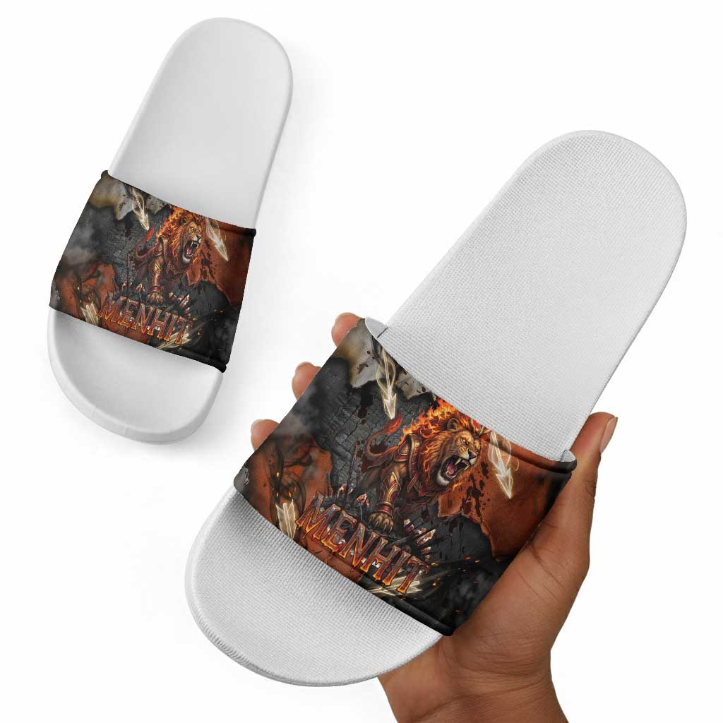 Menhit Egyptian Slide Sandals Warrior Goddess Fiery Lion Eye Arrows and Blood Battle