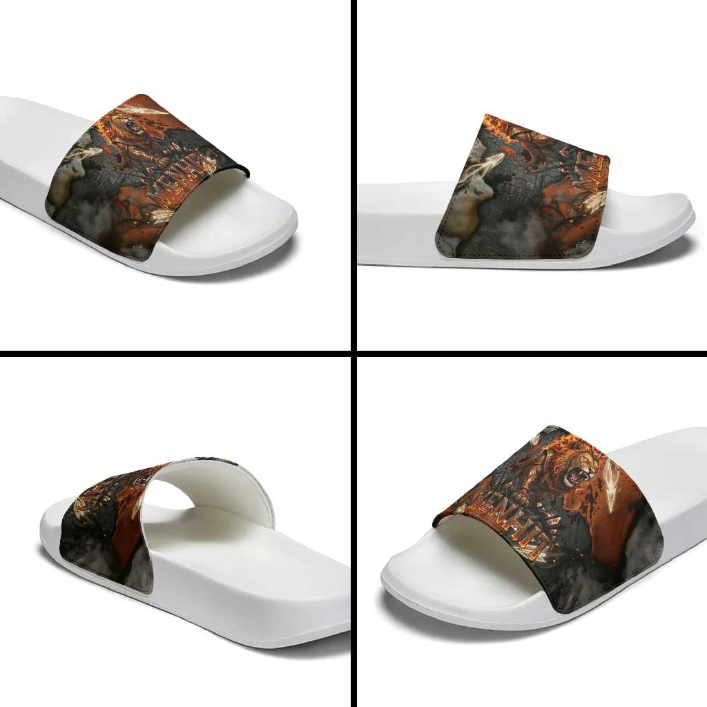 Menhit Egyptian Slide Sandals Warrior Goddess Fiery Lion Eye Arrows and Blood Battle
