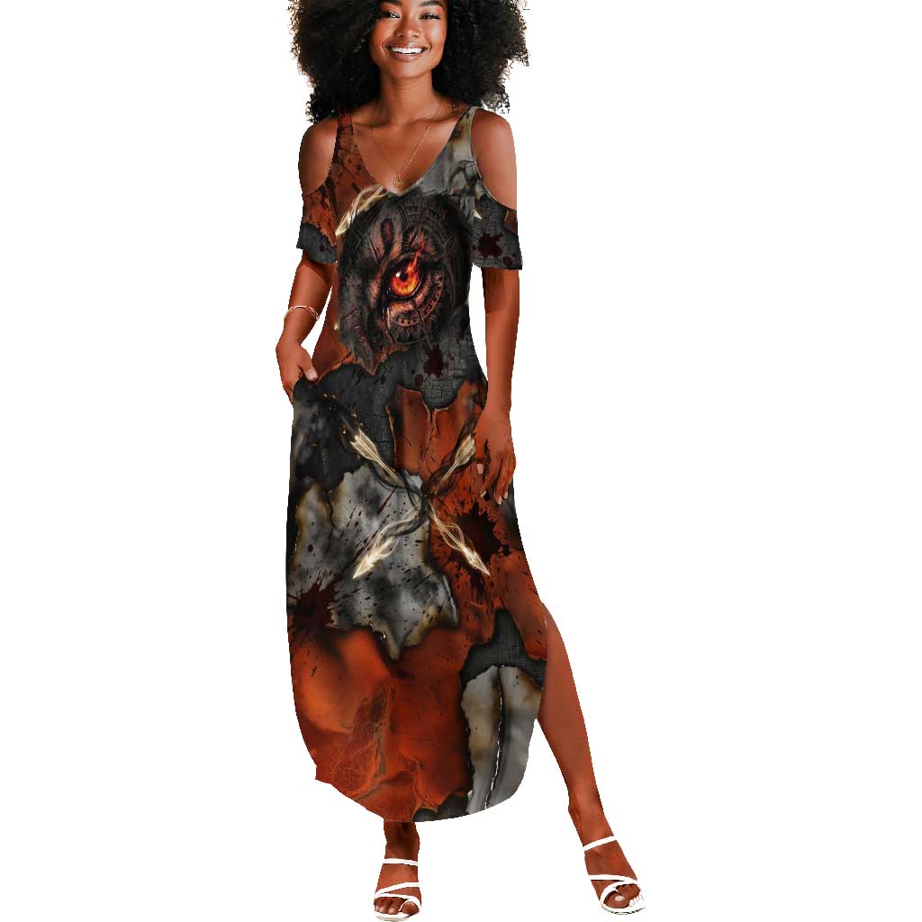 Menhit Egyptian Summer Maxi Dress Warrior Goddess Fiery Lion Eye Arrows and Blood Battle