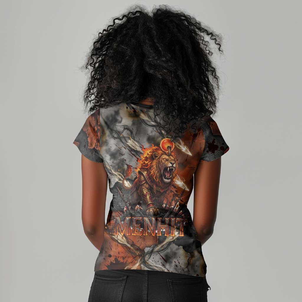 Menhit Egyptian Women V-Neck T-Shirt Warrior Goddess Fiery Lion Eye Arrows and Blood Battle