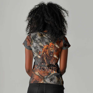 Menhit Egyptian Women V-Neck T-Shirt Warrior Goddess Fiery Lion Eye Arrows and Blood Battle