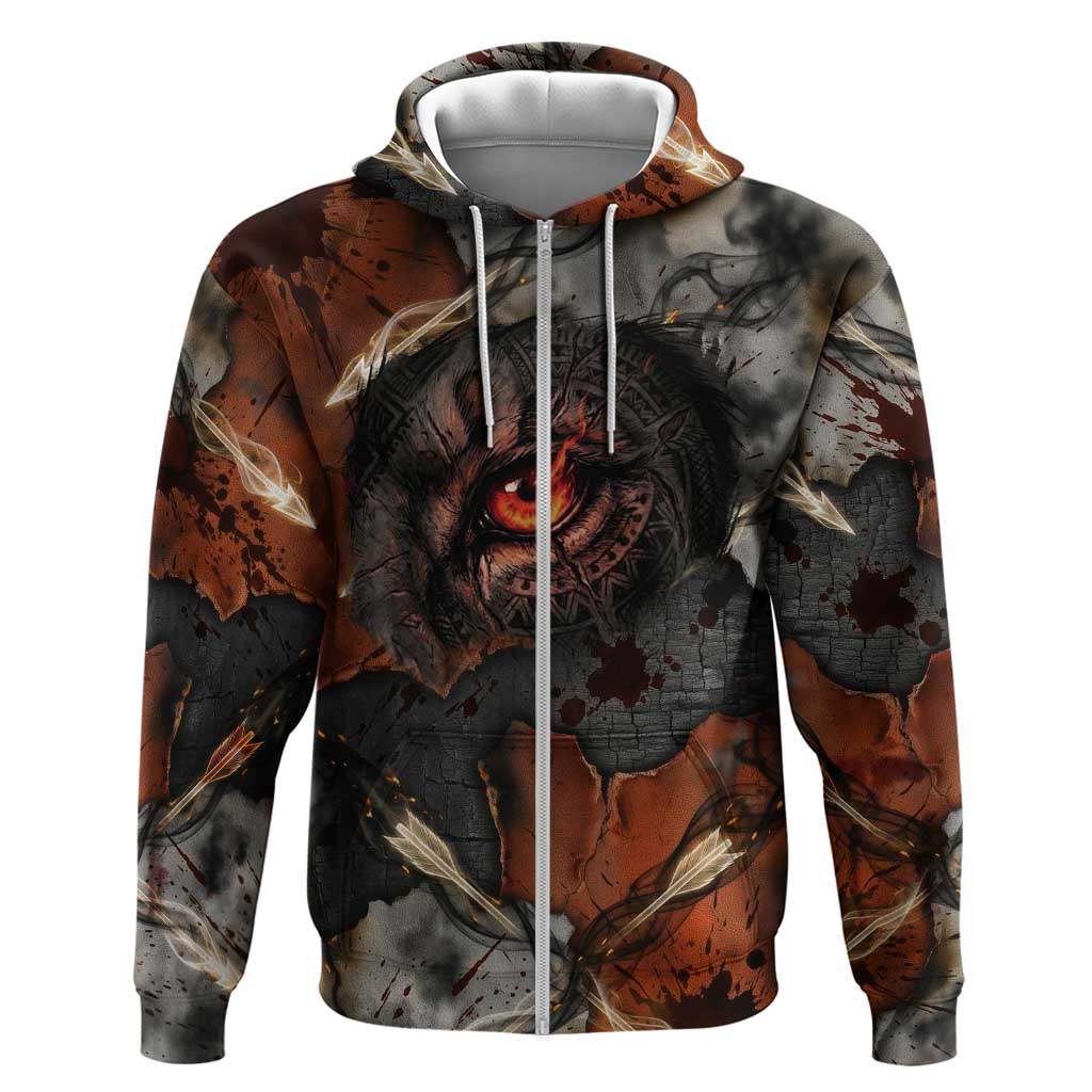 Menhit Egyptian Zip Hoodie Warrior Goddess Fiery Lion Eye Arrows and Blood Battle