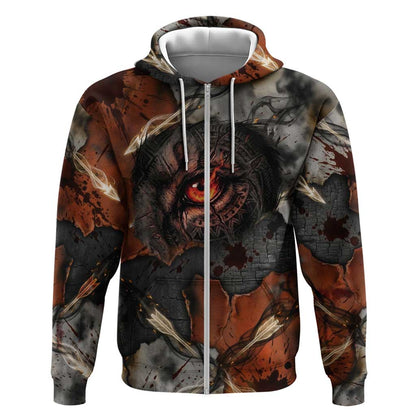 Menhit Egyptian Zip Hoodie Warrior Goddess Fiery Lion Eye Arrows and Blood Battle
