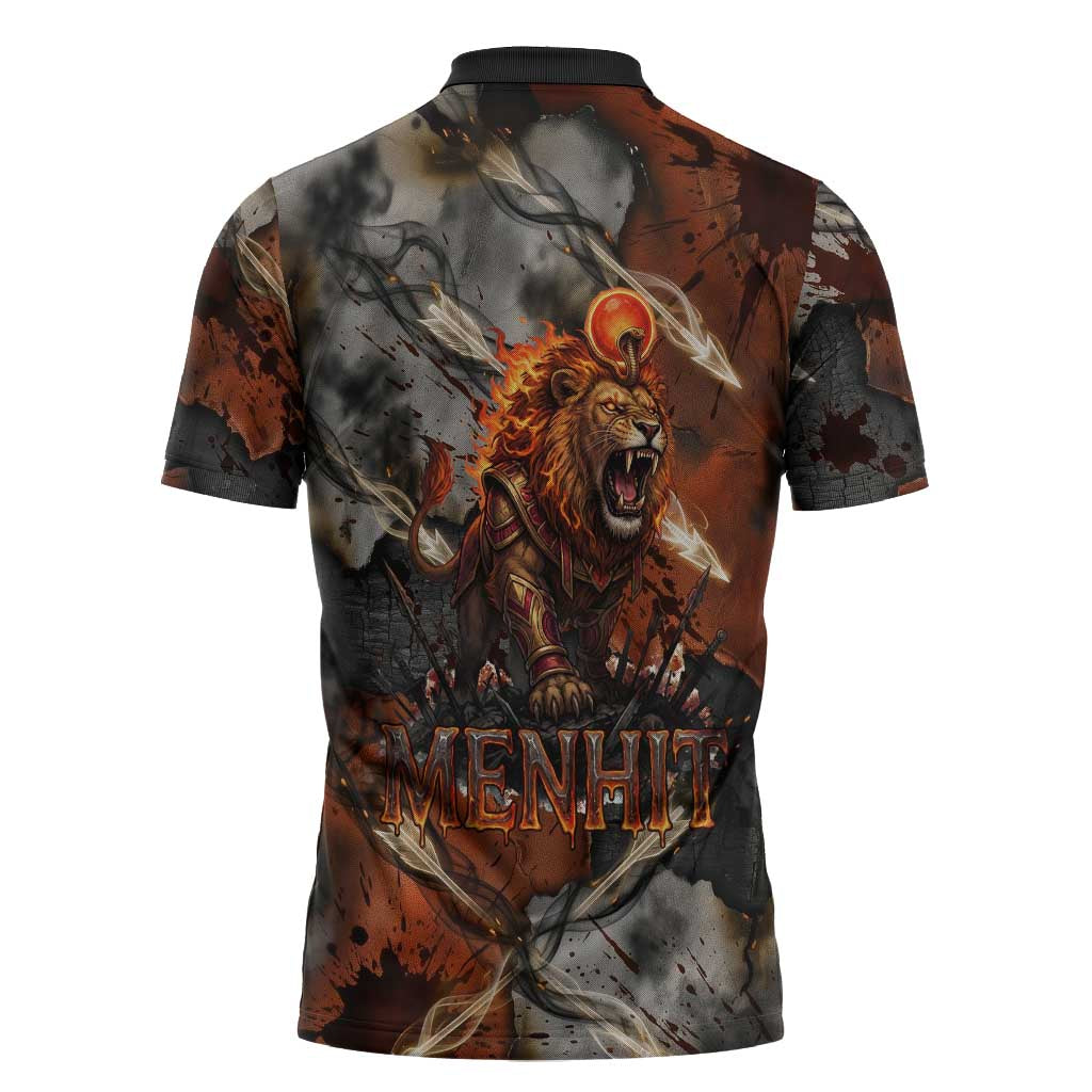 Menhit Egyptian Zipper Polo Shirt Warrior Goddess Fiery Lion Eye Arrows and Blood Battle