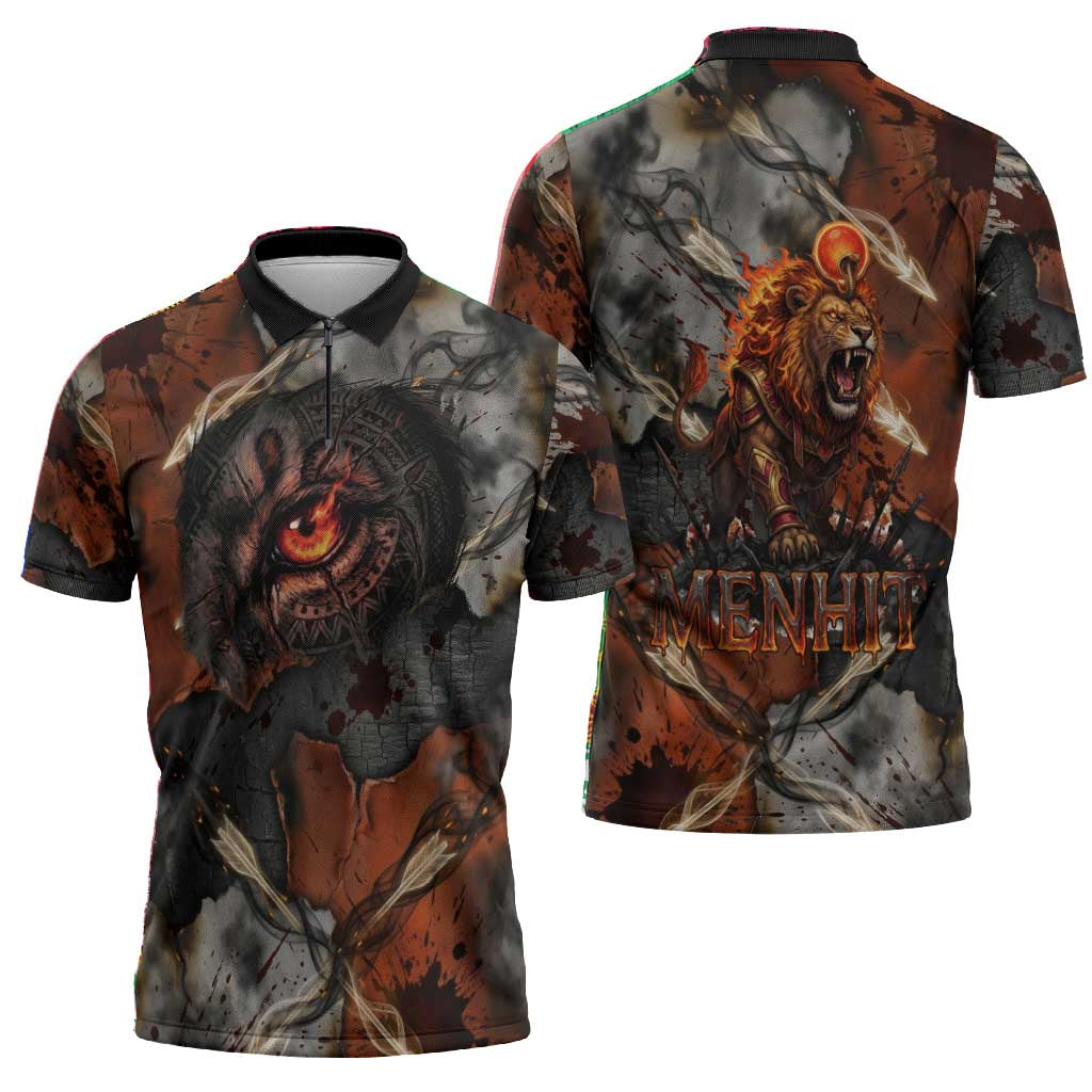 Menhit Egyptian Zipper Polo Shirt Warrior Goddess Fiery Lion Eye Arrows and Blood Battle