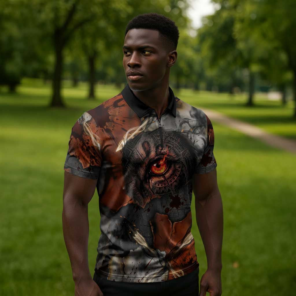 Menhit Egyptian Zipper Polo Shirt Warrior Goddess Fiery Lion Eye Arrows and Blood Battle