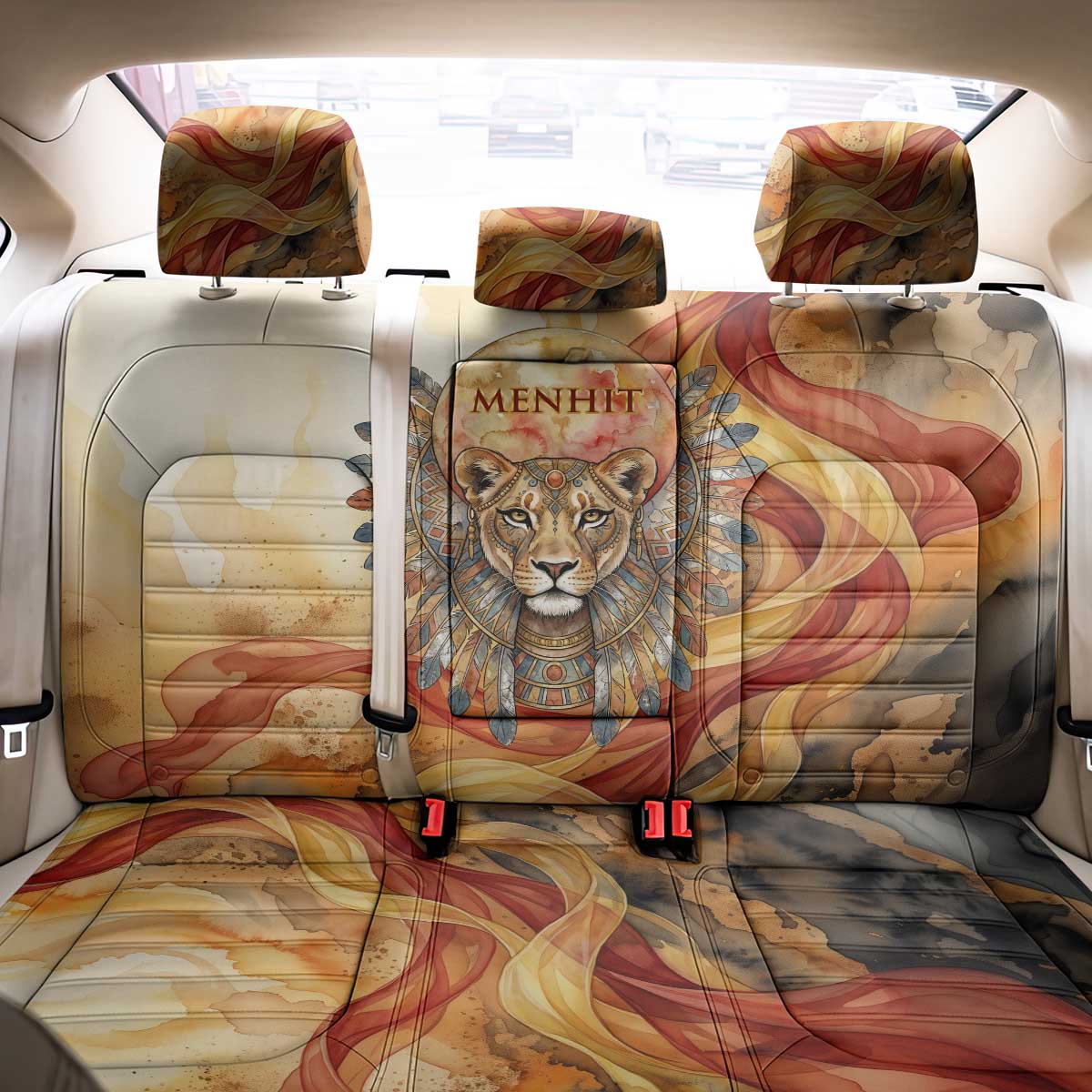Menhit Back Car Seat Cover Lioness Warrior Goddess Uraeus Serpent Fire and Feathers Ancient Egyptian