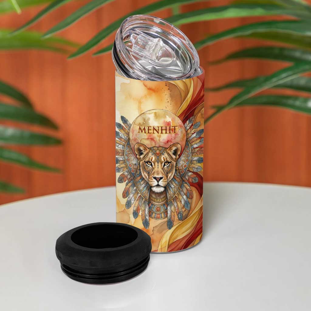 Menhit 4 in 1 Can Cooler Tumbler Lioness Warrior Goddess Uraeus Serpent Fire and Feathers Ancient Egyptian