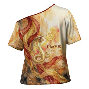 Menhit Cross Shoulder Shirt Lioness Warrior Goddess Uraeus Serpent Fire and Feathers Ancient Egyptian