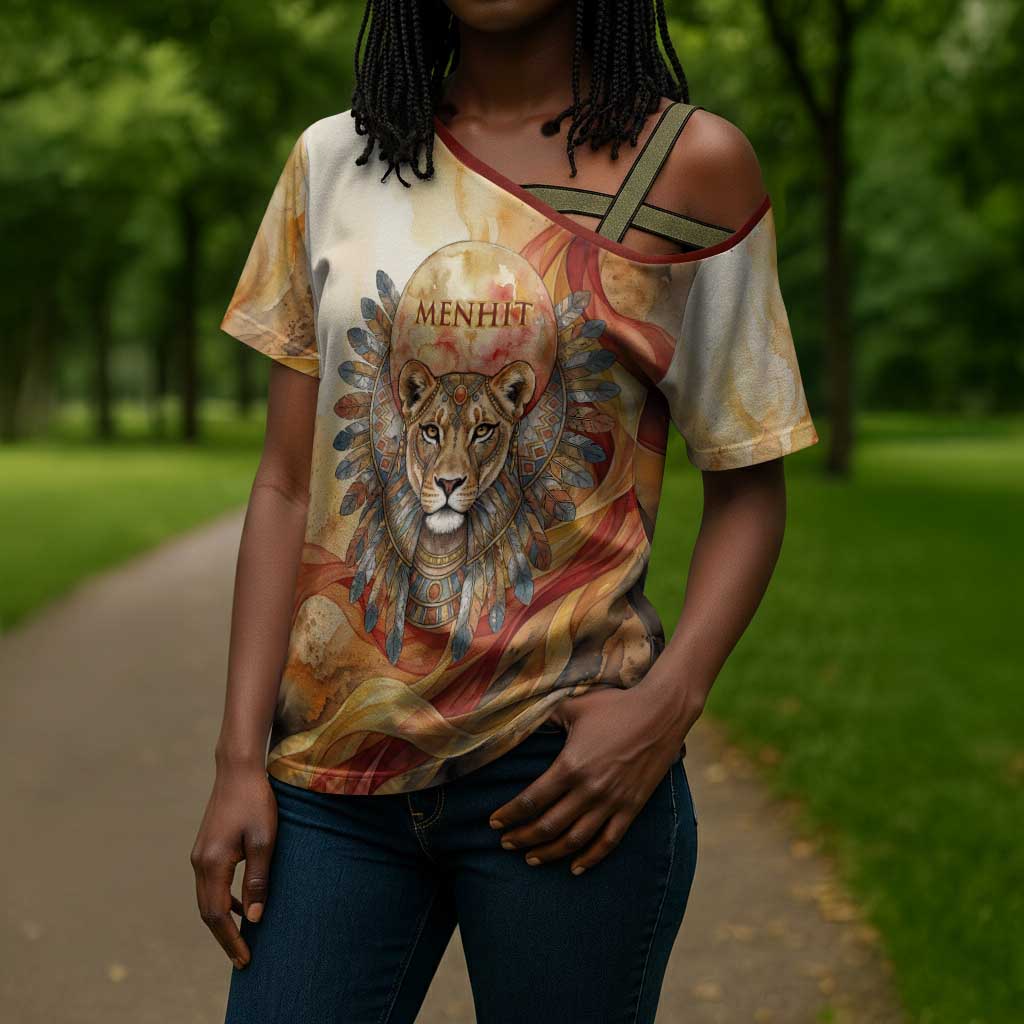Menhit Cross Shoulder Shirt Lioness Warrior Goddess Uraeus Serpent Fire and Feathers Ancient Egyptian