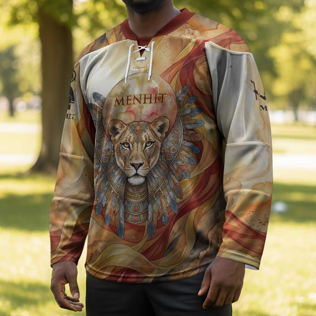 Menhit Hockey Jersey Lioness Warrior Goddess Uraeus Serpent Fire and Feathers Ancient Egyptian
