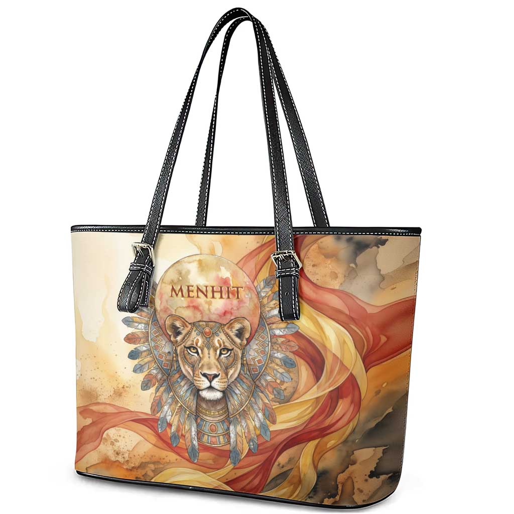 Menhit Leather Tote Bag Lioness Warrior Goddess Uraeus Serpent Fire and Feathers Ancient Egyptian