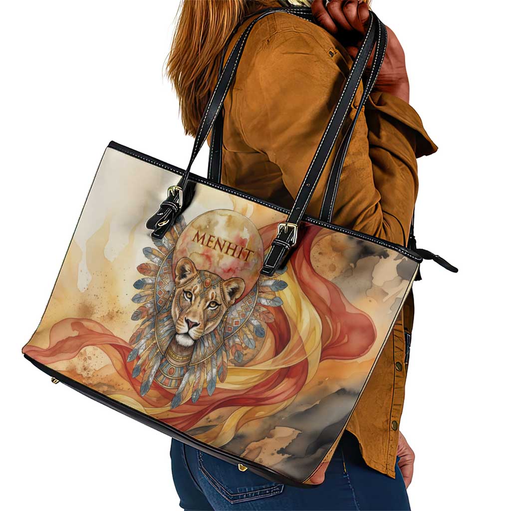 Menhit Leather Tote Bag Lioness Warrior Goddess Uraeus Serpent Fire and Feathers Ancient Egyptian