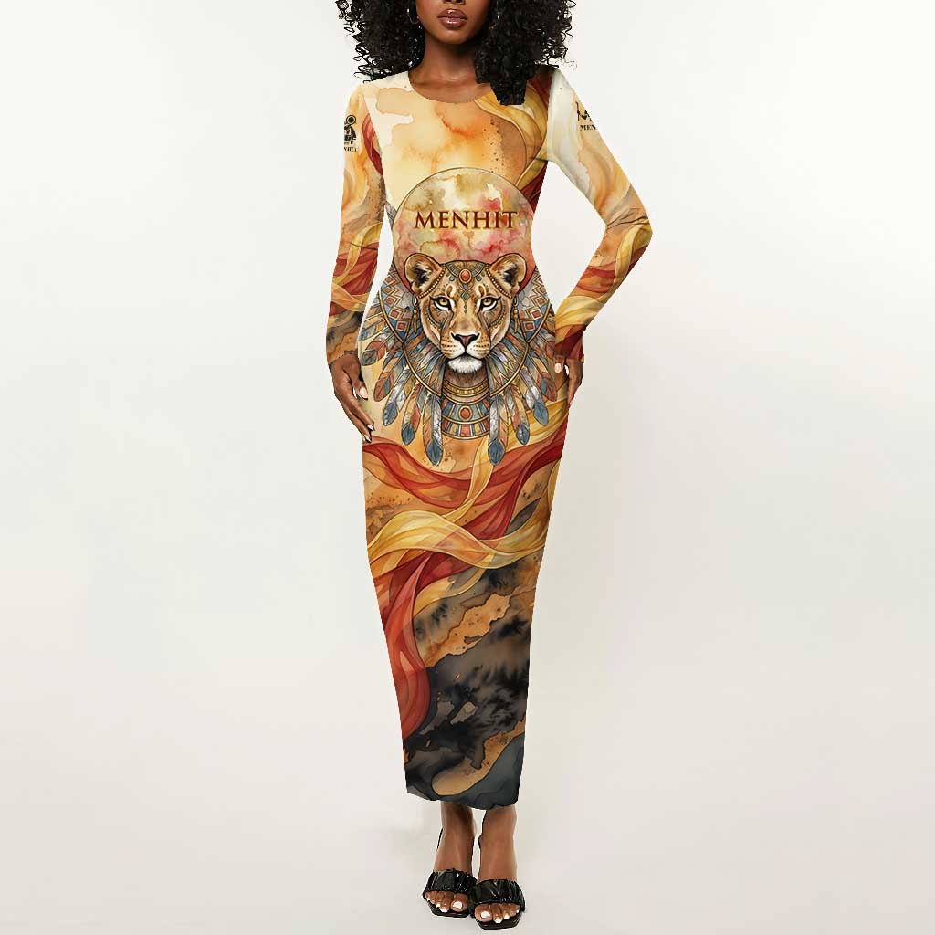 Menhit Long Sleeve Bodycon Dress Lioness Warrior Goddess Uraeus Serpent Fire and Feathers Ancient Egyptian