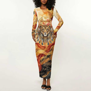 Menhit Long Sleeve Bodycon Dress Lioness Warrior Goddess Uraeus Serpent Fire and Feathers Ancient Egyptian