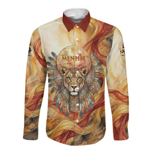 Menhit Long Sleeve Button Shirt Lioness Warrior Goddess Uraeus Serpent Fire and Feathers Ancient Egyptian