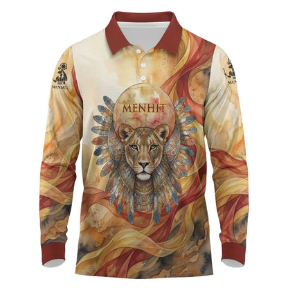 Menhit Long Sleeve Polo Shirt Lioness Warrior Goddess Uraeus Serpent Fire and Feathers Ancient Egyptian