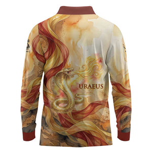 Menhit Long Sleeve Polo Shirt Lioness Warrior Goddess Uraeus Serpent Fire and Feathers Ancient Egyptian