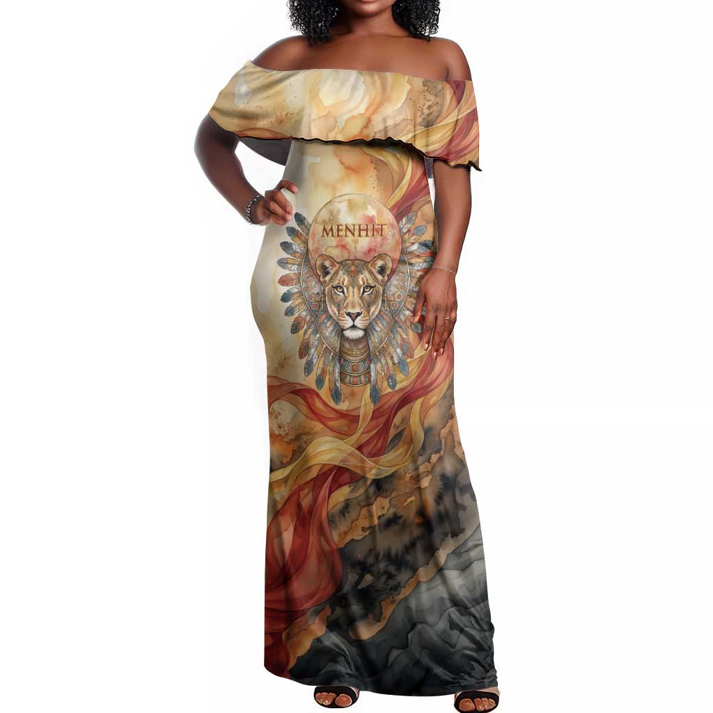Menhit Off Shoulder Maxi Dress Lioness Warrior Goddess Uraeus Serpent ...