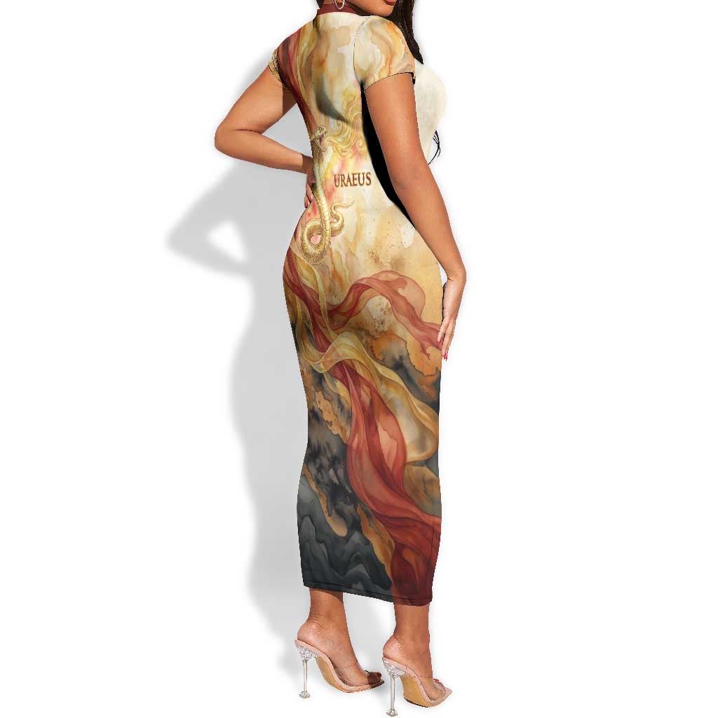 Menhit Short Sleeve Bodycon Dress Lioness Warrior Goddess Uraeus Serpent Fire and Feathers Ancient Egyptian