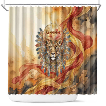 Menhit Shower Curtain Lioness Warrior Goddess Uraeus Serpent Fire and Feathers Ancient Egyptian