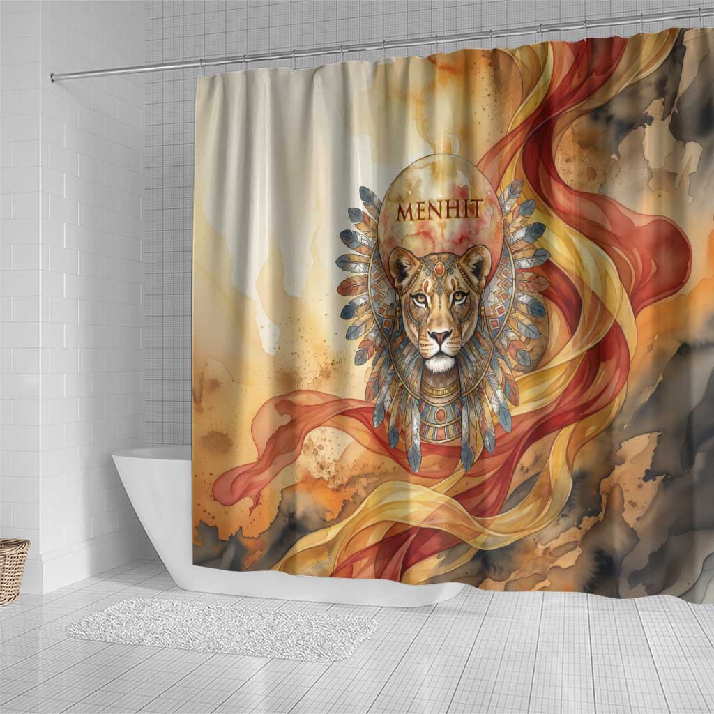 Menhit Shower Curtain Lioness Warrior Goddess Uraeus Serpent Fire and Feathers Ancient Egyptian