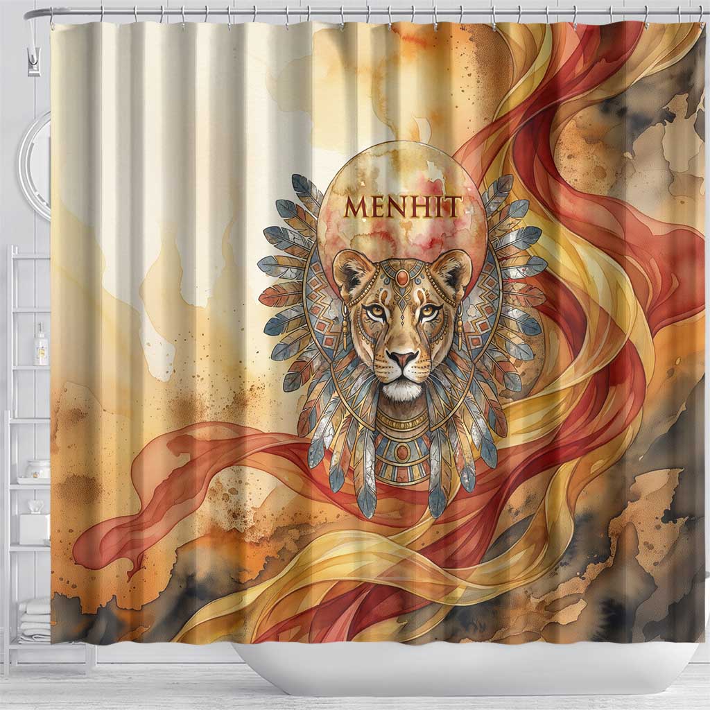 Menhit Shower Curtain Lioness Warrior Goddess Uraeus Serpent Fire and Feathers Ancient Egyptian