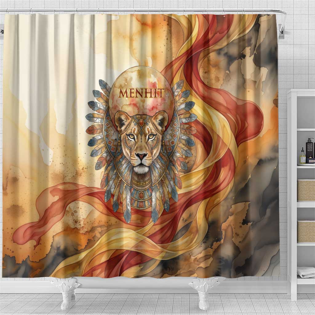 Menhit Shower Curtain Lioness Warrior Goddess Uraeus Serpent Fire and Feathers Ancient Egyptian