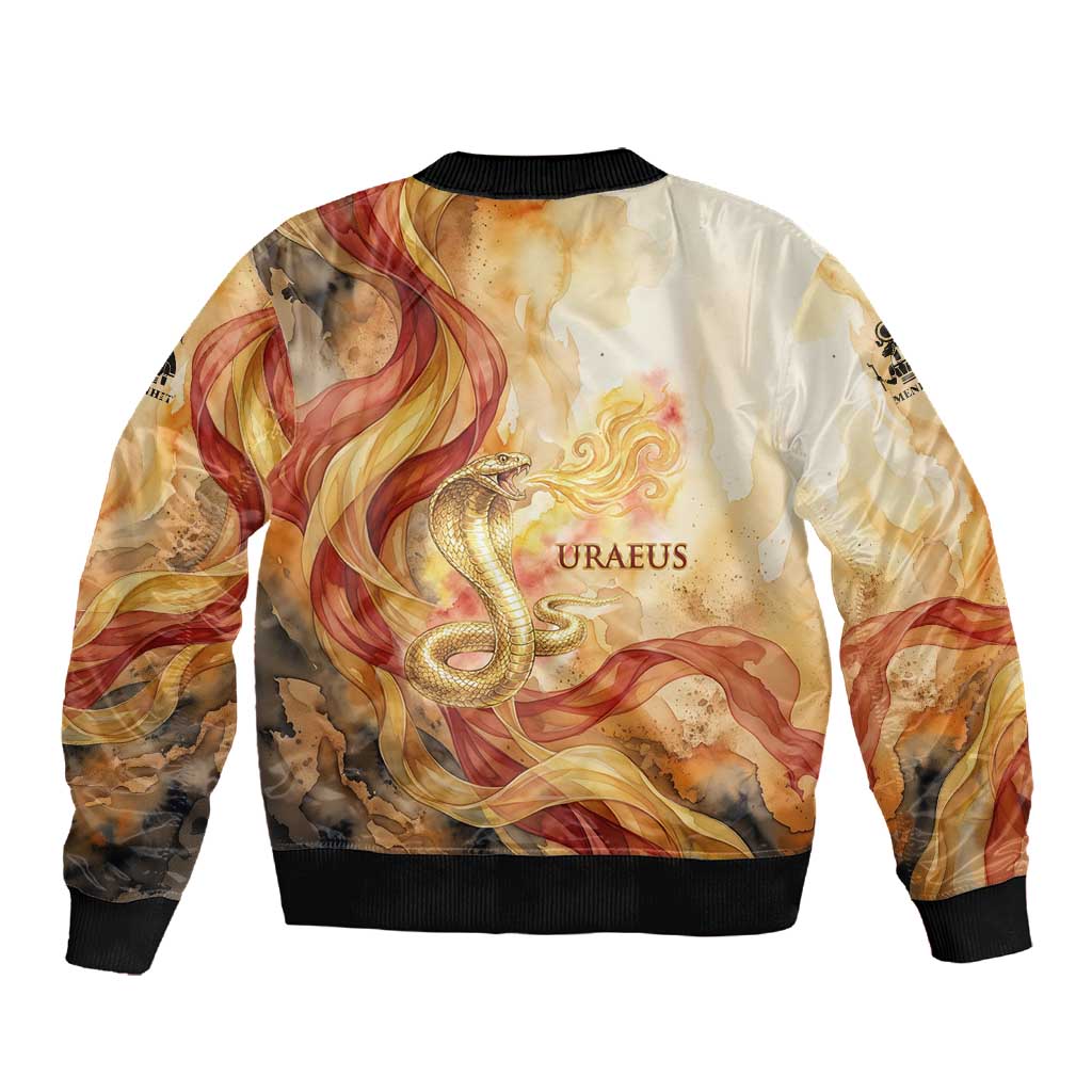 Menhit Sleeve Zip Bomber Jacket Lioness Warrior Goddess Uraeus Serpent Fire and Feathers Ancient Egyptian