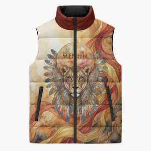 Menhit Sleeveless Puffer Jacket Lioness Warrior Goddess Uraeus Serpent Fire and Feathers Ancient Egyptian