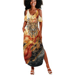 Menhit Summer Maxi Dress Lioness Warrior Goddess Uraeus Serpent Fire and Feathers Ancient Egyptian