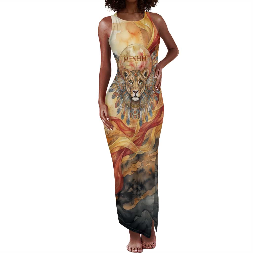Menhit Tank Maxi Dress Lioness Warrior Goddess Uraeus Serpent Fire and Feathers Ancient Egyptian