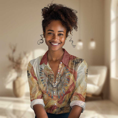 Menhit Women Casual Shirt Lioness Warrior Goddess Uraeus Serpent Fire and Feathers Ancient Egyptian