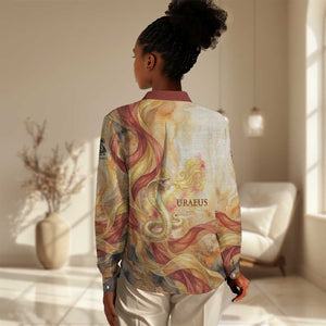 Menhit Women Casual Shirt Lioness Warrior Goddess Uraeus Serpent Fire and Feathers Ancient Egyptian