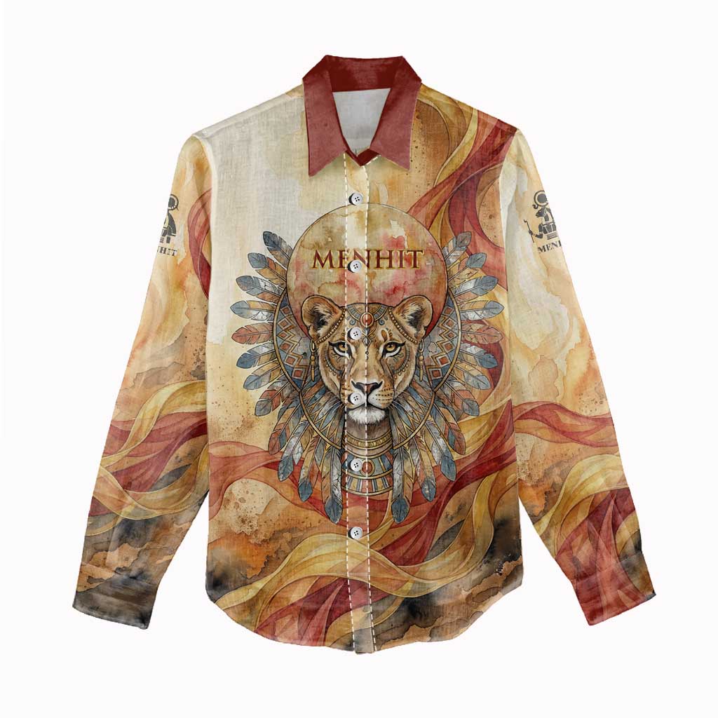 Menhit Women Casual Shirt Lioness Warrior Goddess Uraeus Serpent Fire and Feathers Ancient Egyptian