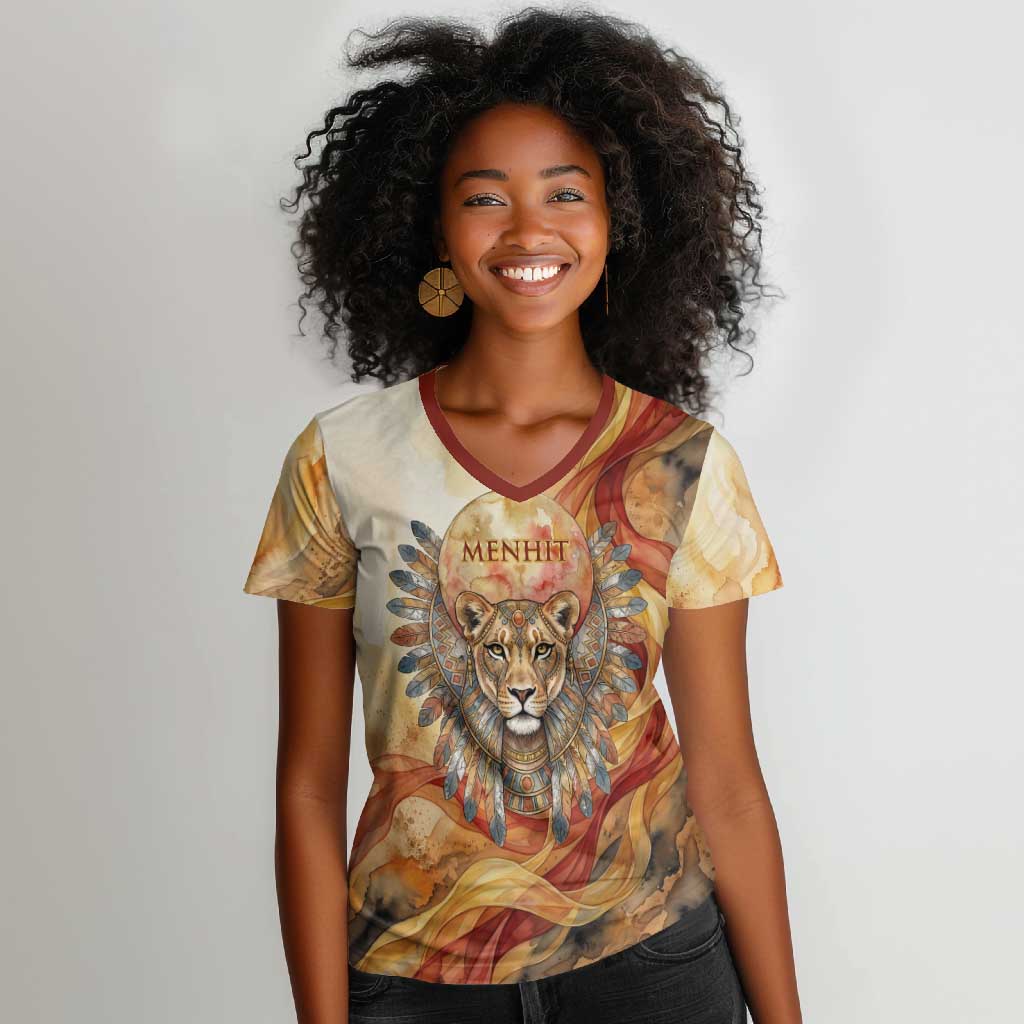 Menhit Women V-Neck T-Shirt Lioness Warrior Goddess Uraeus Serpent Fire ...