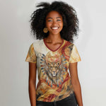 Menhit Women V-Neck T-Shirt Lioness Warrior Goddess Uraeus Serpent Fire and Feathers Ancient Egyptian