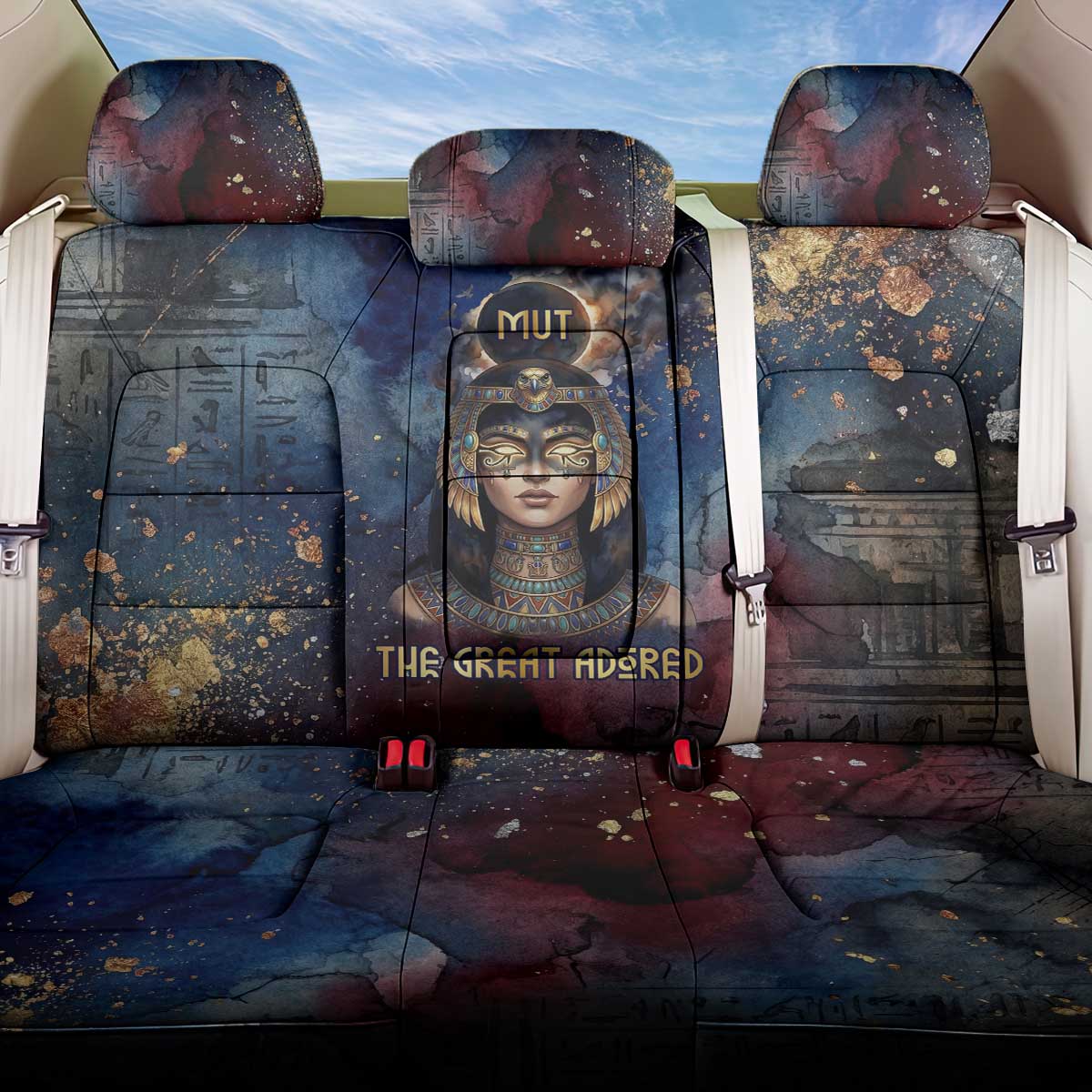 Mut Back Car Seat Cover The Lioness of Thebes Egyptian Goddess Cosmic Crown Adorned Warrior Queen Design
