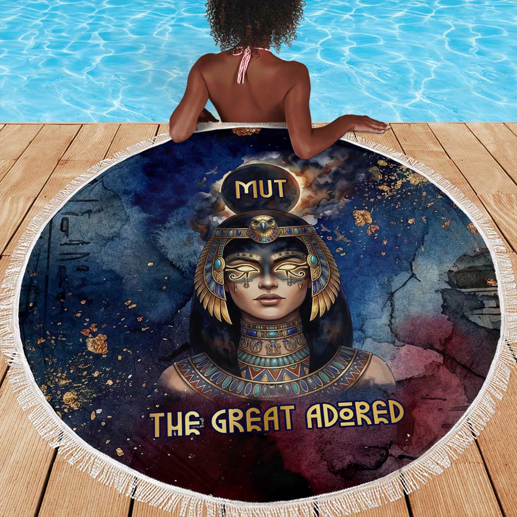 Mut Beach Blanket The Lioness of Thebes Egyptian Goddess Cosmic Crown Adorned Warrior Queen Design
