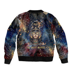 Mut Bomber Jacket The Lioness of Thebes Egyptian Goddess Cosmic Crown Adorned Warrior Queen Design