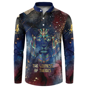 Mut Button Sweatshirt The Lioness of Thebes Egyptian Goddess Cosmic Crown Adorned Warrior Queen Design