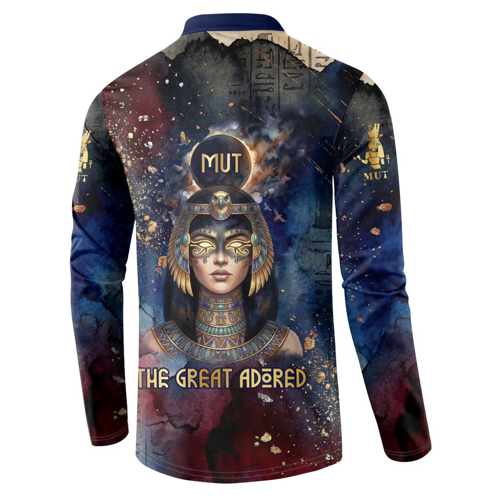 Mut Button Sweatshirt The Lioness of Thebes Egyptian Goddess Cosmic Crown Adorned Warrior Queen Design